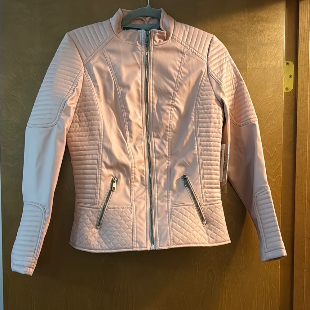 Pink Leather Jacket with Stand-Up Collar and Quilted Design